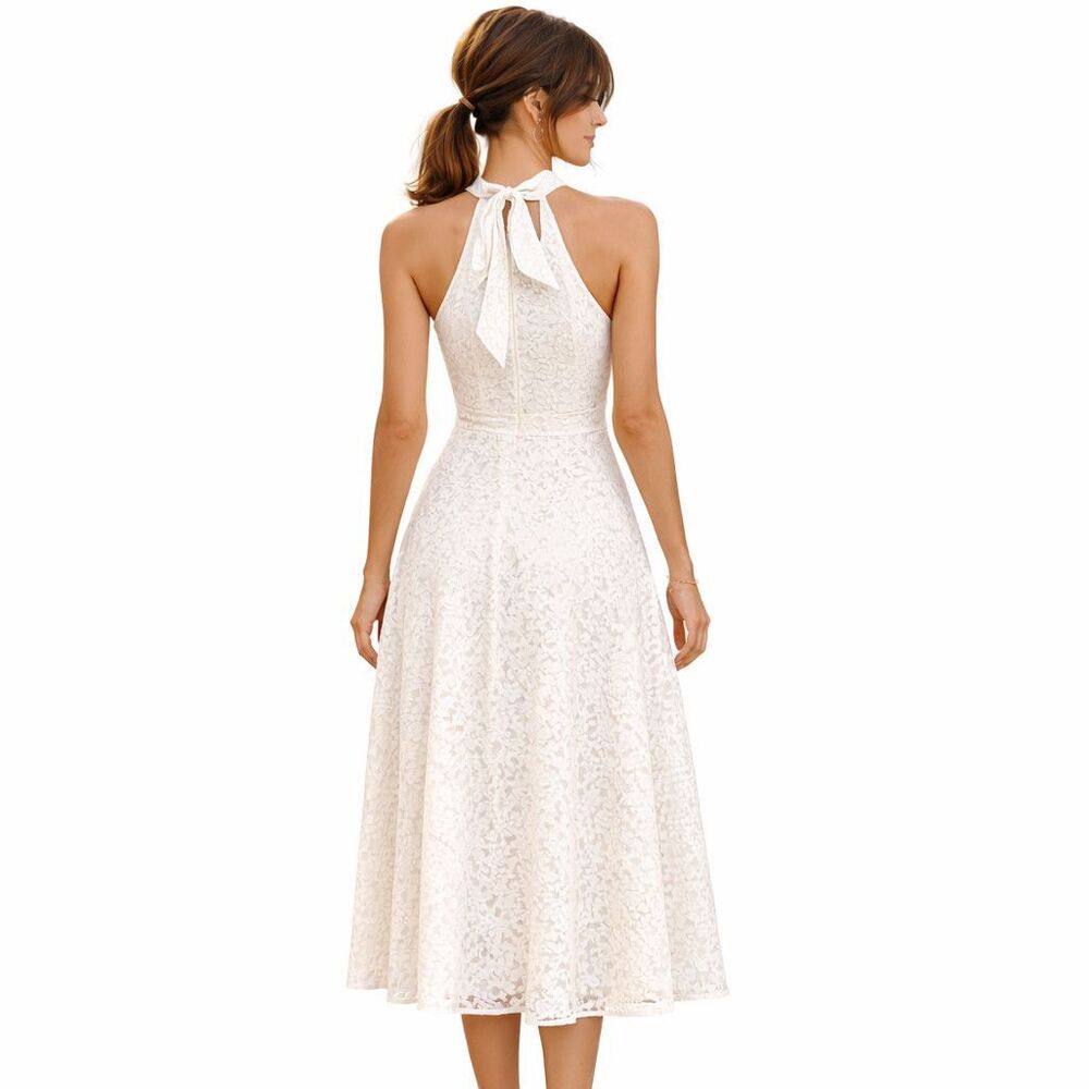 Tahari Arthur S. Levine Dress Womens 14 White Lace Halter Midi Fit Flare Wedding